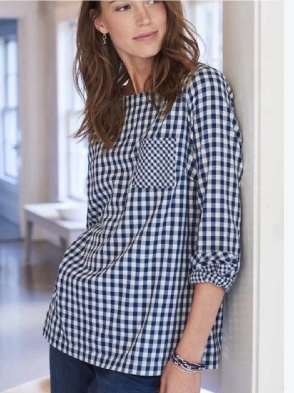 J JILL 100% Cotton Gingham Print Top XL Blue White Cottagecore Casual Coastal